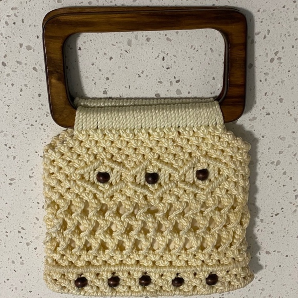 Vintage 70s Macrame Handbag with Wooden Handles
